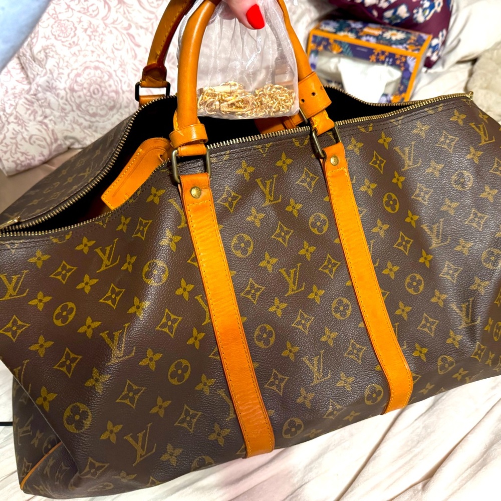 Vintage Louis Vuitton Keepall 55 Monogram Logo Duffel Bag Brown Gold Brass
